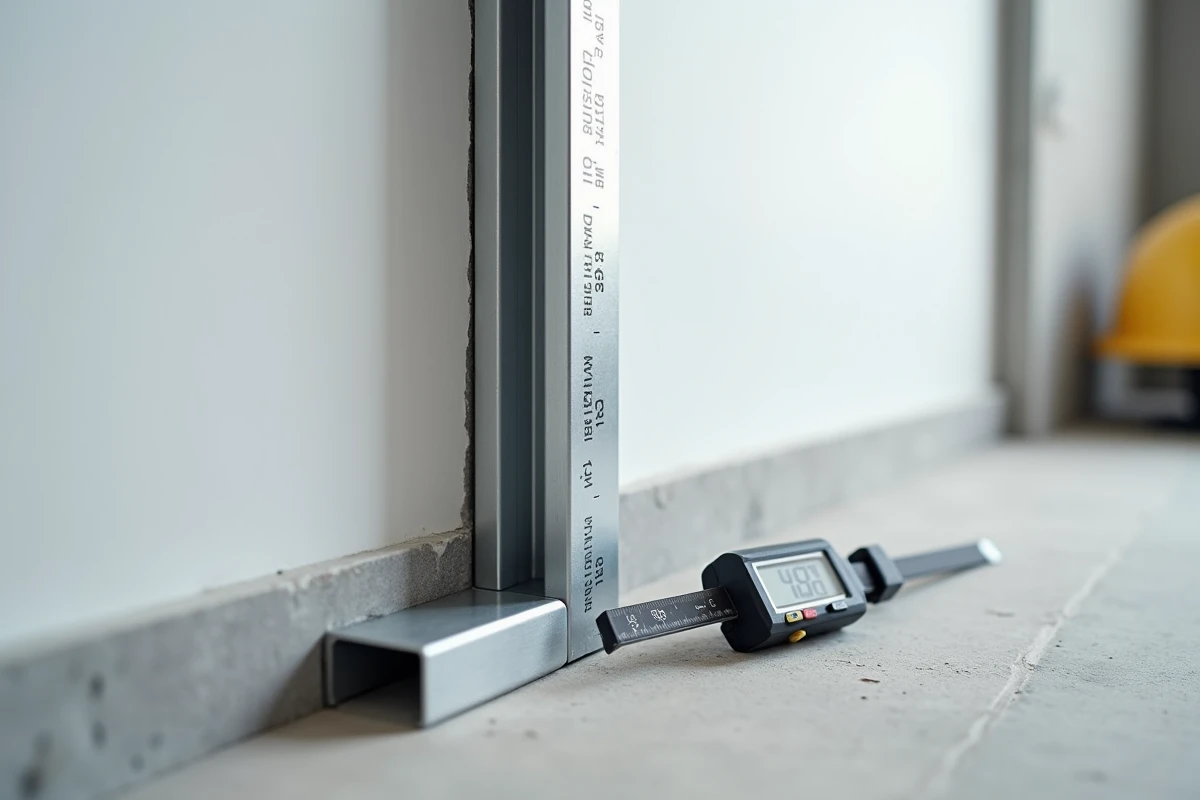 Gros plan d'un montant métallique 48x50 mm posé contre une plaque de plâtre avec équerre et pied à coulisse pour vérification dimensionnelle
