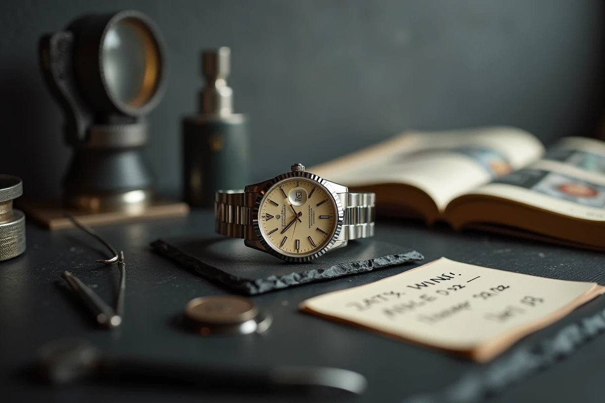 Gros plan d'une Rolex Day-Just d'occasion posée sur un établi d'expert avec loupe et estimation de prix manuscrite
