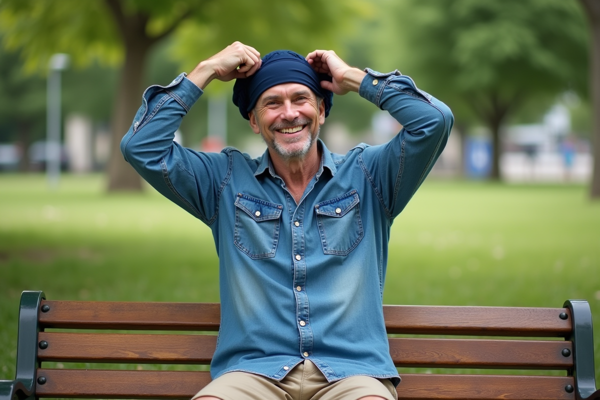 Homme souriant montrant comment nouer un bandeau dans un parc
