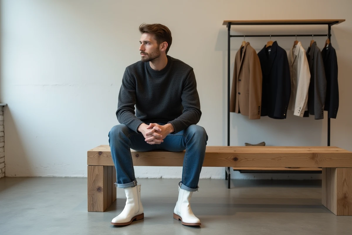 Homme portant des boots blanches en cuir pleine fleur de marque française dans un concept store minimaliste avec dressing capsule