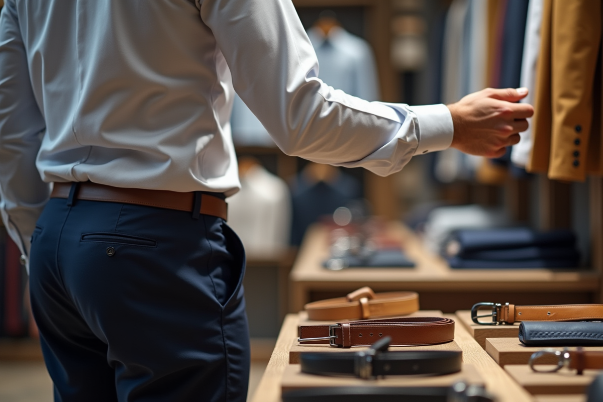 Jeune homme choisissant une ceinture en magasin