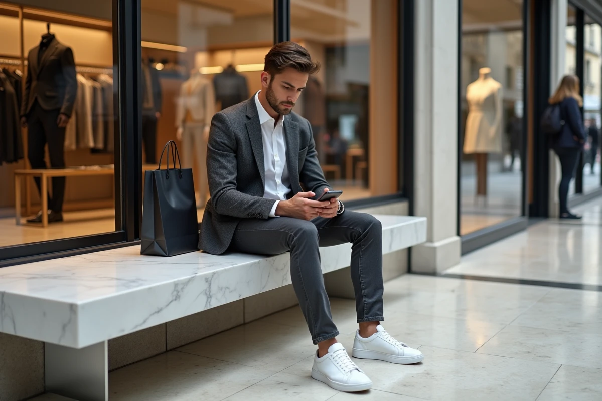 Homme en blazer dans une boutique moderne à Paris