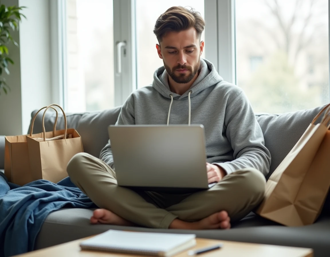 Homme vérifiant son budget après les achats de la deuxième démarque des soldes depuis son salon