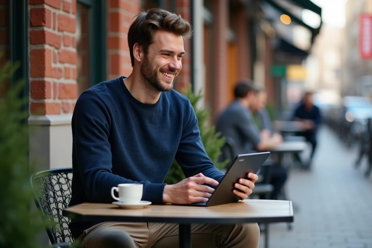 Homme discutant avec un influenceur dans un café en extérieur