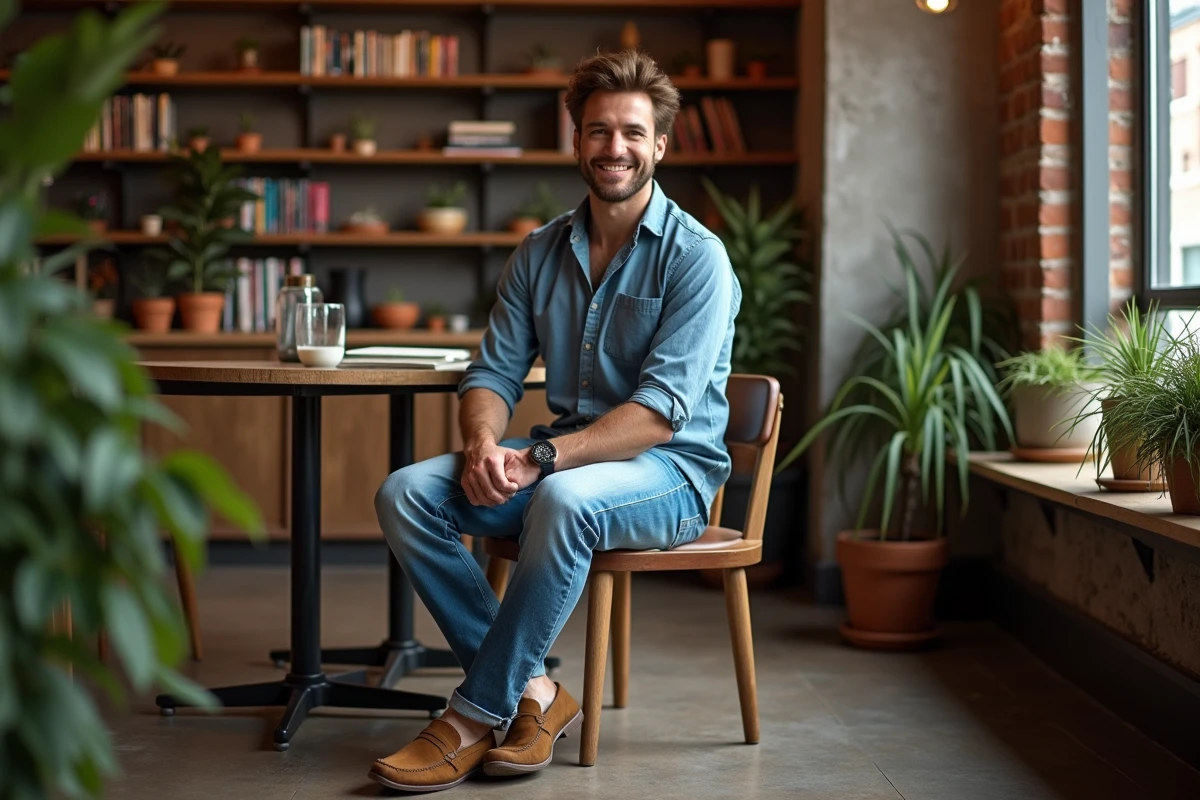 Homme en jeans décontractés dans un café urbain en intérieur