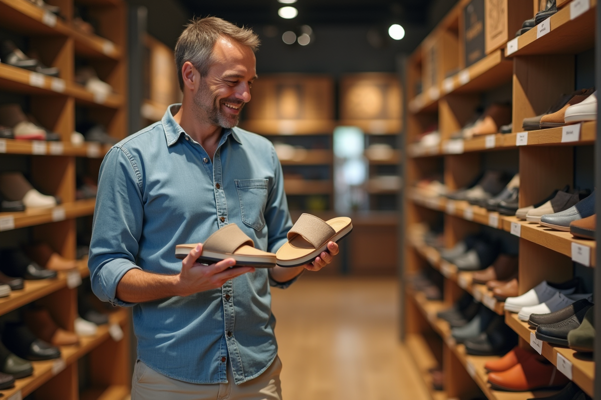 Homme comparant des sandales dans un magasin de chaussures