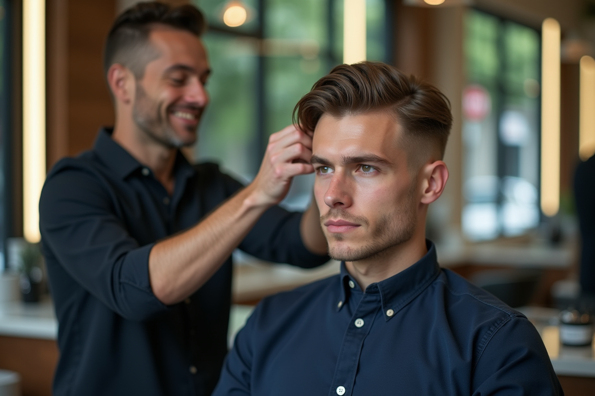 Jeune homme en coiffure dans un barbershop lumineux