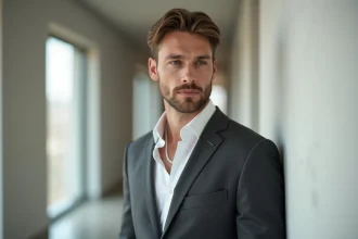Homme en costume gris anthracite portant un collier en perles naturelles autour du cou, style éditorial masculin élégant