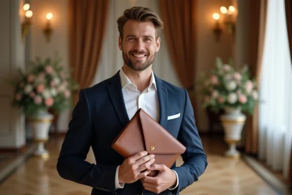 Homme en costume bleu ajustant une pochette en cuir marron