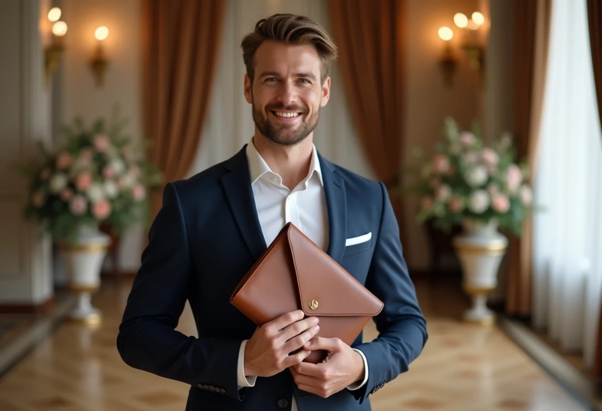 Homme en costume bleu ajustant une pochette en cuir marron