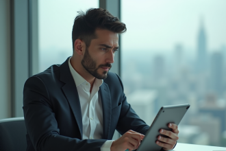 Homme d'affaires dans un bureau moderne avec vue urbaine