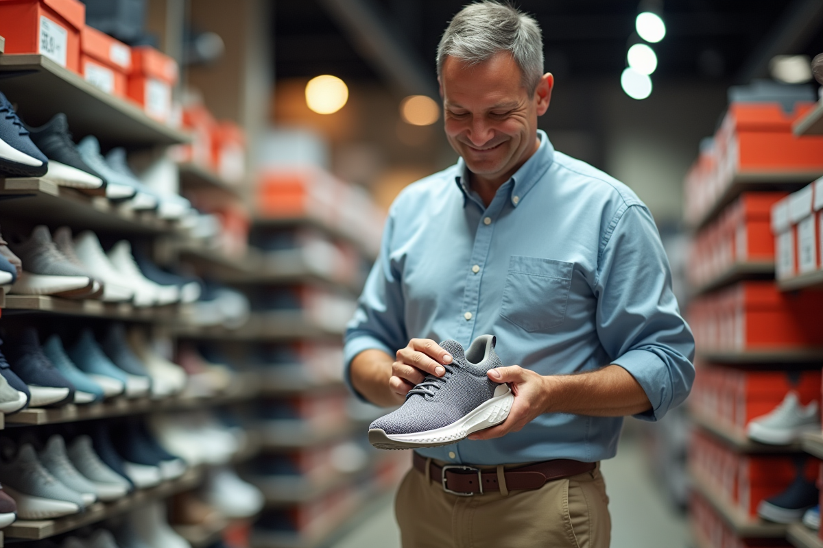 Homme essayant des chaussures de sport dans un magasin