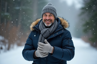 Homme d'âge moyen ajustant ses gants d'hiver en nature