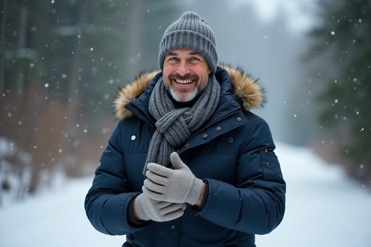 Homme d'âge moyen ajustant ses gants d'hiver en nature