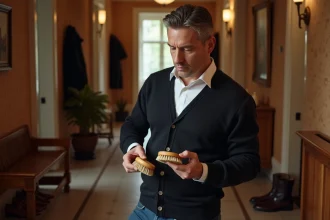 Homme inspectant des brosses pour chaussures dans un hall chaleureux