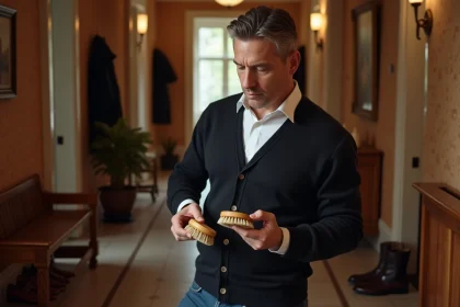 Homme inspectant des brosses pour chaussures dans un hall chaleureux