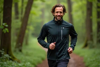 Homme courant en forêt avec veste softshell moderne