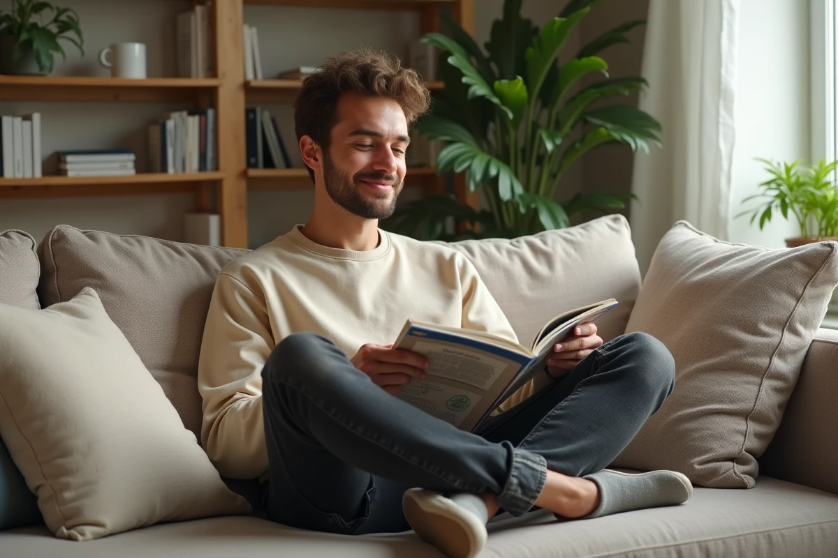 Homme détendu lisant un magazine dans un salon cosy