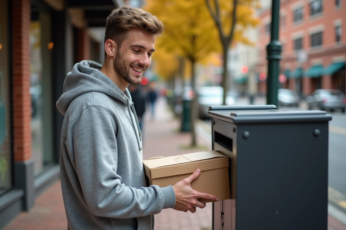Jeune homme dépose un colis dans une boîte aux lettres urbaine