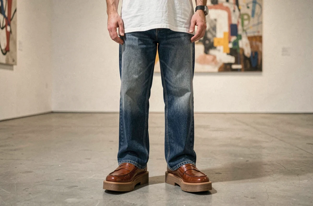 Homme portant des mocassins épais et carrés style Balenciaga dans une galerie d'art contemporain avec jean indigo et chemise blanche