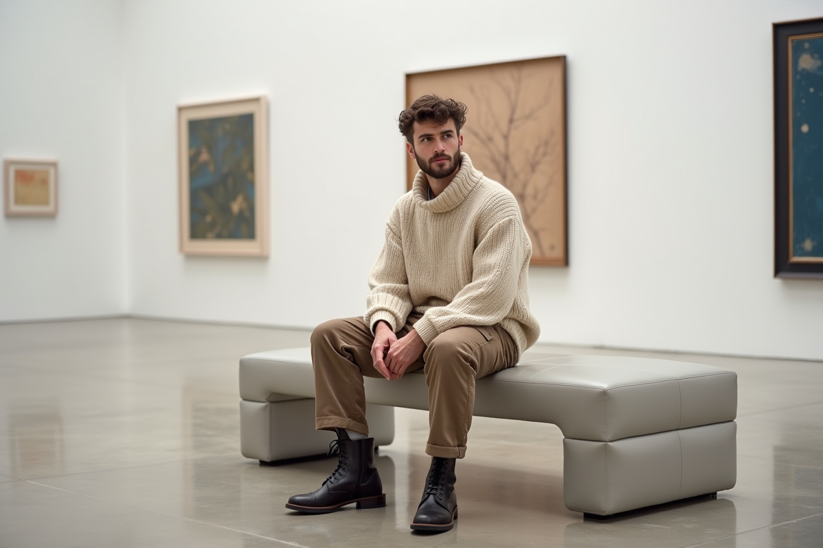 Homme en tenue décontractée dans une galerie moderne
