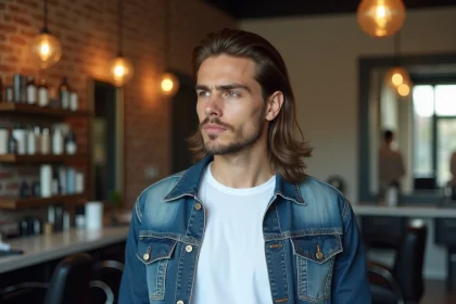 Homme moderne avec coupe mullet dans un barbershop tendance