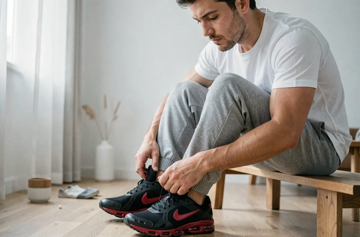 Homme en tenue décontractée examinant ses Nike Shox noires dans un appartement moderne, questionnant le confort et la technologie Shox
