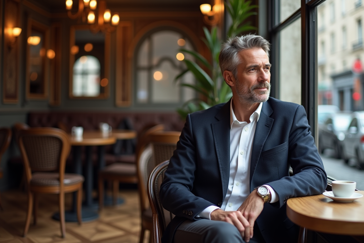 Homme en blazer dans un café parisien élégant