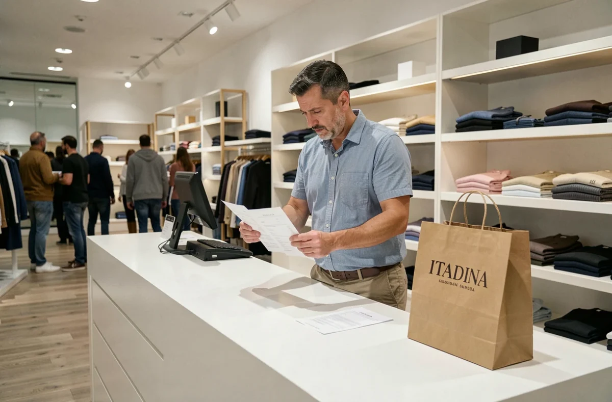 Homme comparant deux reçus à la caisse d'un magasin italien pour éviter les arnaques pendant les soldes
