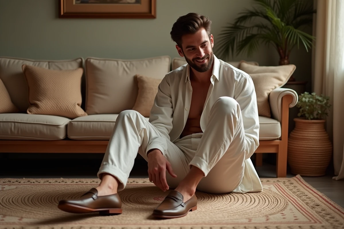 Homme détendu en babouches dans un salon chaleureux