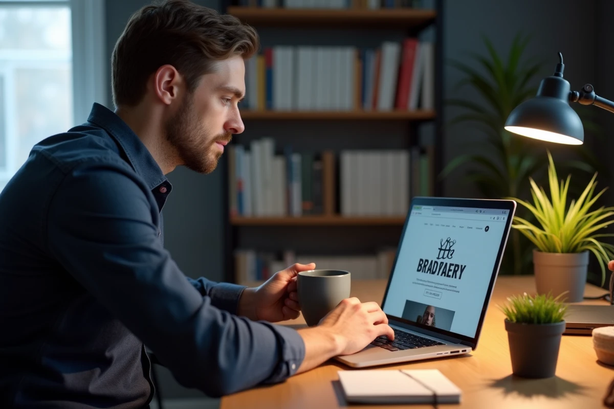 Homme comparant l'expérience web de The Bradery sur ordinateur portable depuis un bureau à domicile