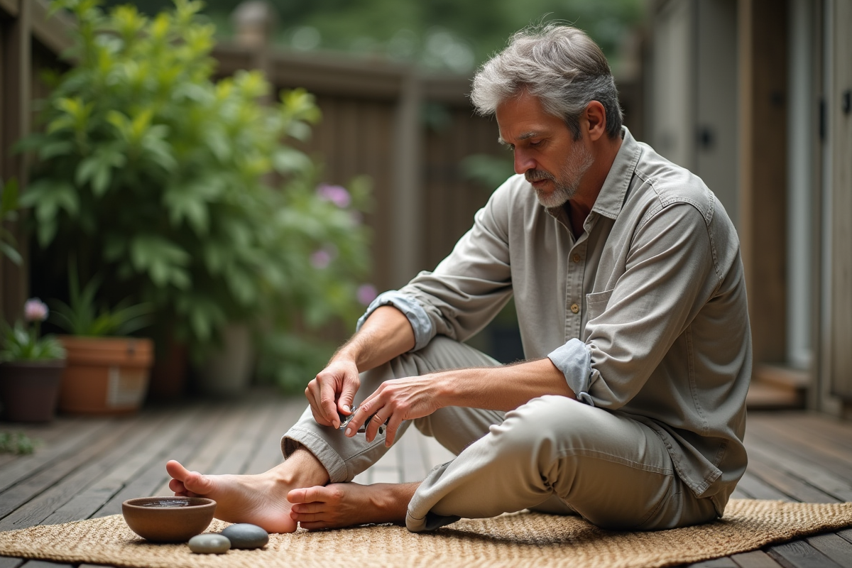Homme mature coupe ses ongles de pied dans le jardin