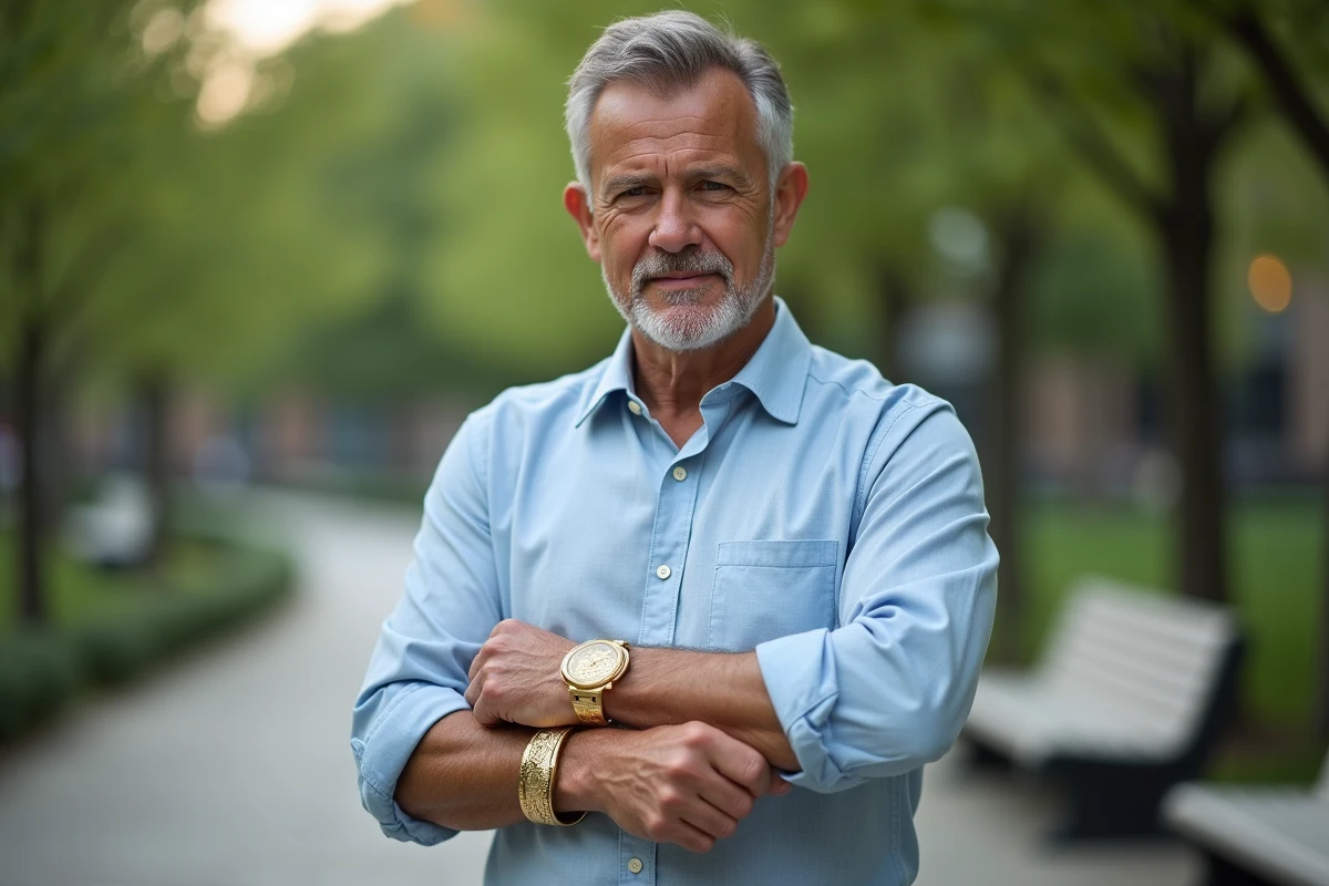 Homme confiant ajustant un bracelet en or dans un parc urbain