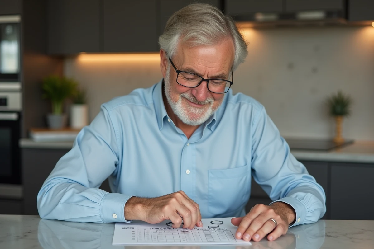 Homme vérifie la taille de son anneau avec une grille dans la cuisine