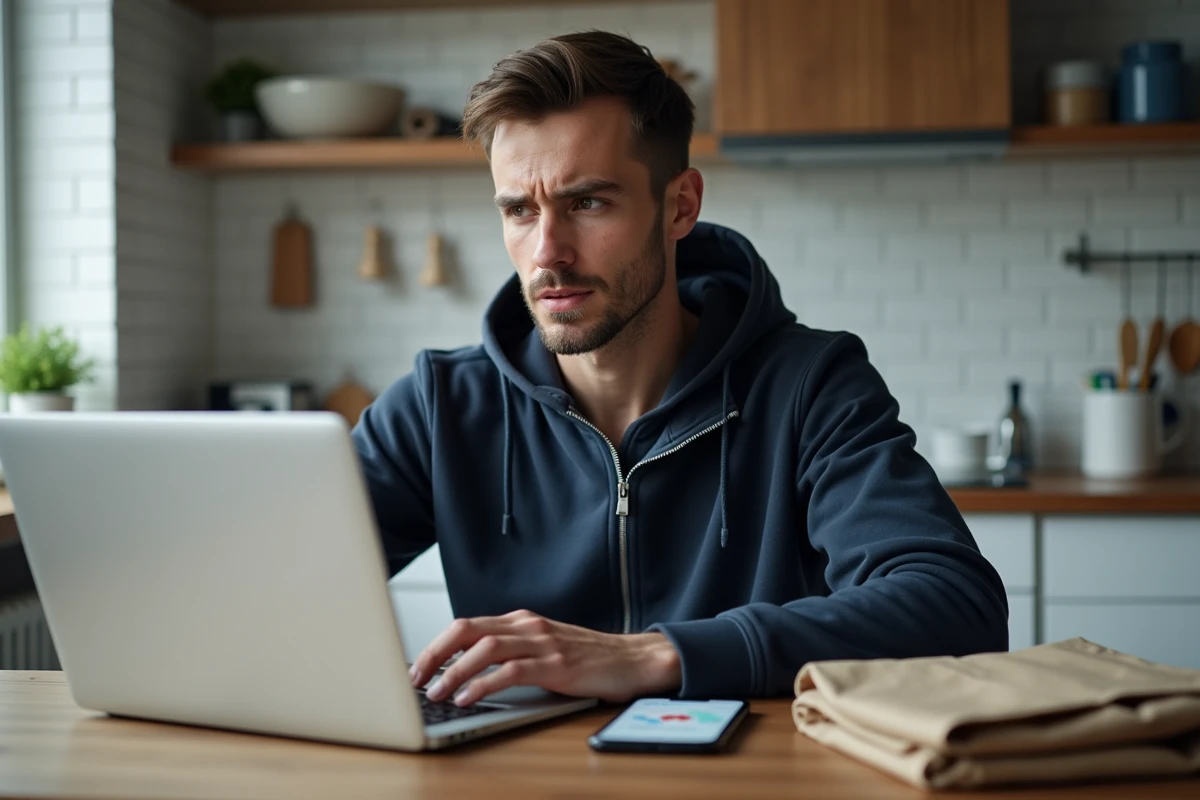 Homme consultant Vinted sur ordinateur portable sans point relais disponible à proximité sur la carte