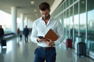 Homme en voyage vérifiant son passeport et smartphone