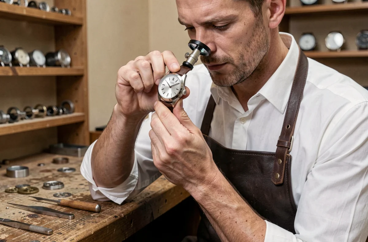 Horloger expert examinant une montre Chronofixe Magister en acier poli dans un atelier traditionnel, détails de fabrication et finitions horlogerie de précision