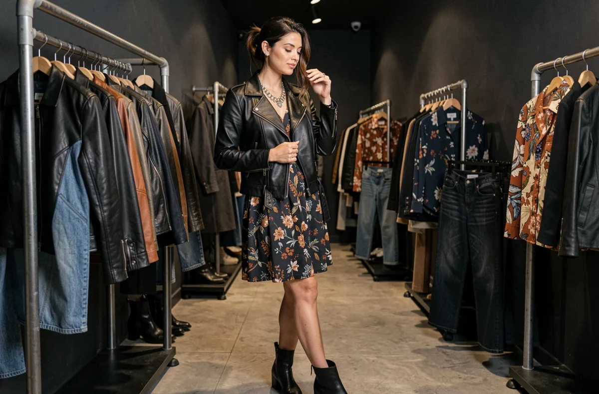 Intérieur rock-chic de IKKS Women à Besançon avec une femme élégante essayant une veste en cuir