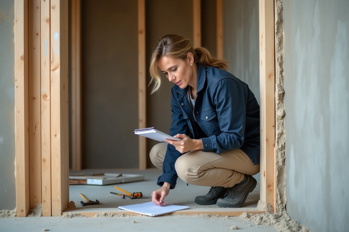 Femme inspectant un montant en bois 48x50 mm dans un mur en cours de rénovation