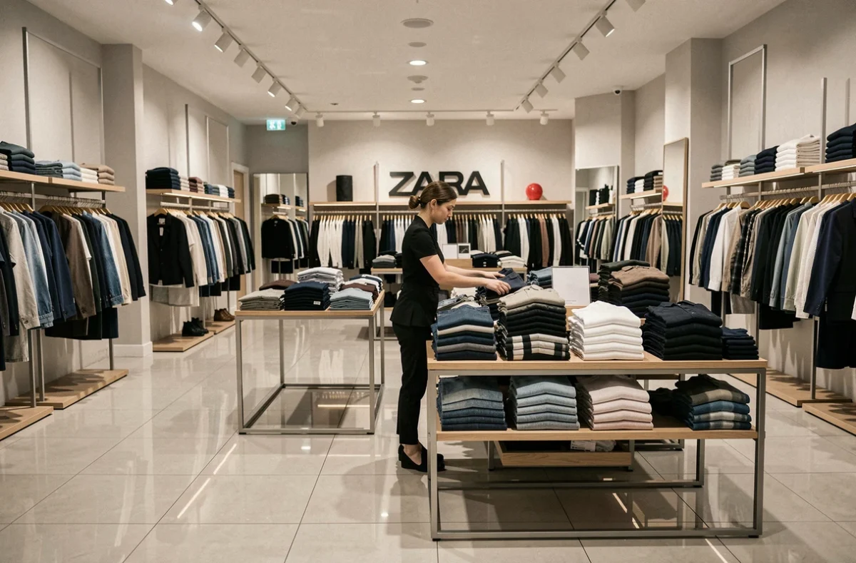 Intérieur d'un magasin Zara en cours de fermeture avec employée rangeant les vêtements restants sur les portants