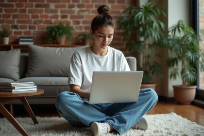 Jeune femme en jeans baggy dans un appartement cosy