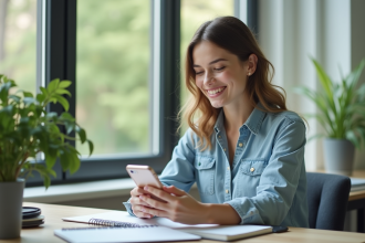 Jeune femme souriante utilisant une application d'analyse du visage sur son smartphone