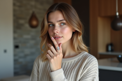 Jeune femme regardant sa bague dans un appartement moderne