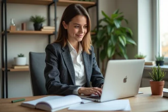 Jeune femme confiante travaillant sur un ordinateur dans un bureau lumineux