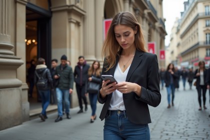 Jeune femme chic utilisant son smartphone lors de la Fashion Week à Paris