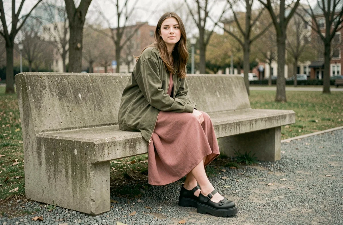 Jeune femme assise sur un banc en béton brut portant des chaussures Mary Jane plateforme style Balenciaga avec jupe midi et veste oversize