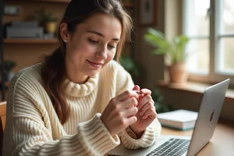 Jeune femme mesure son anneau avec un ruban dans un intérieur cosy