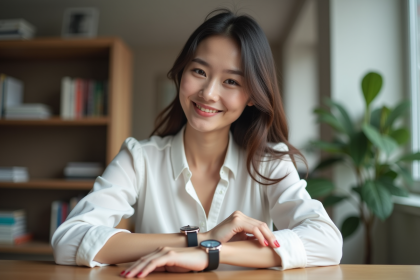 Jeune femme ajustant une montre délicate sur son poignet