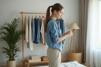 Jeune femme en denim organise sa garde-robe minimaliste
