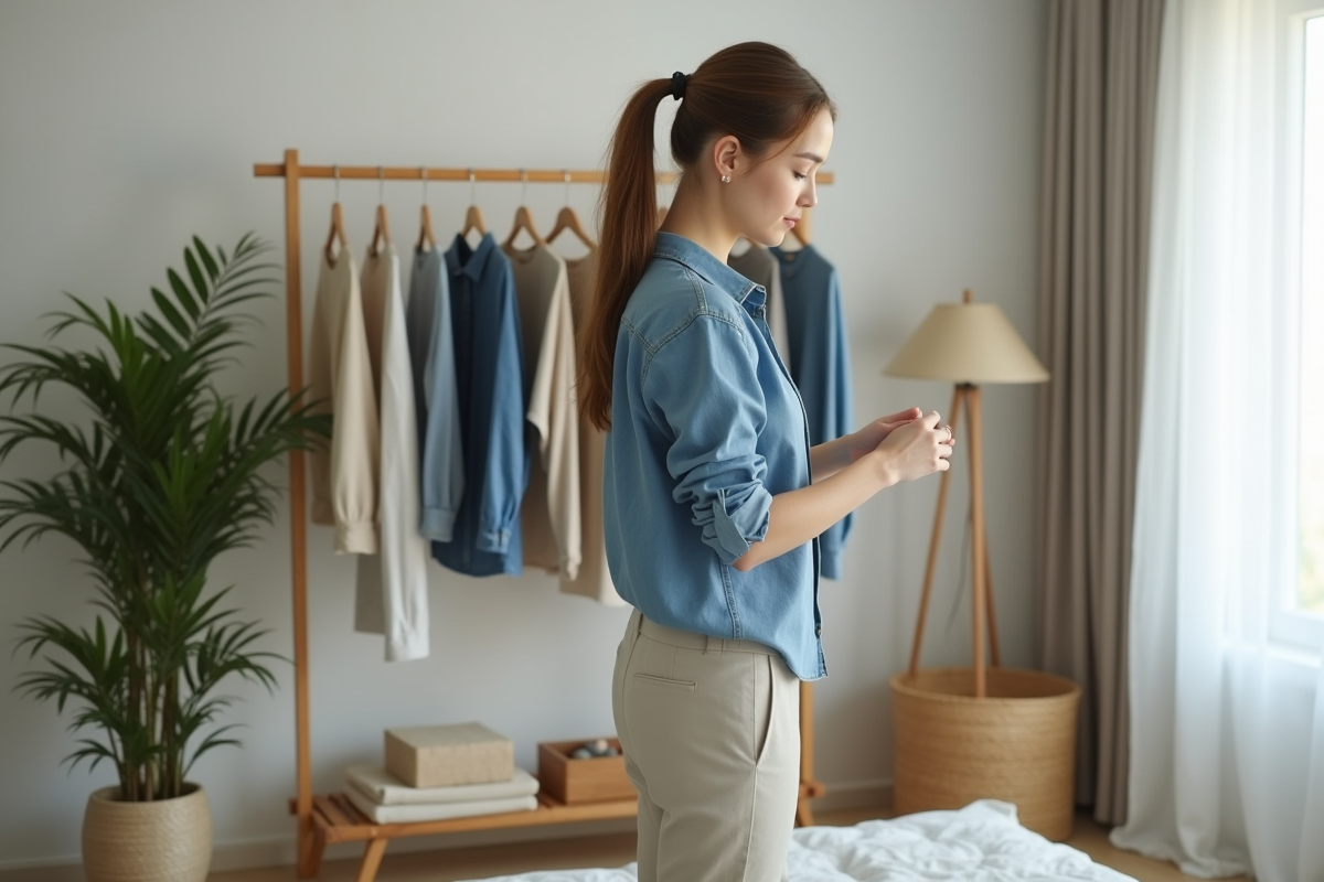 Jeune femme en denim organise sa garde-robe minimaliste
